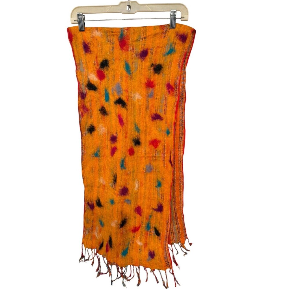 Handmade Nuno-Felted Merino Wool Scarf Wrap Orange Wearable Fiber Art 14" x 64"